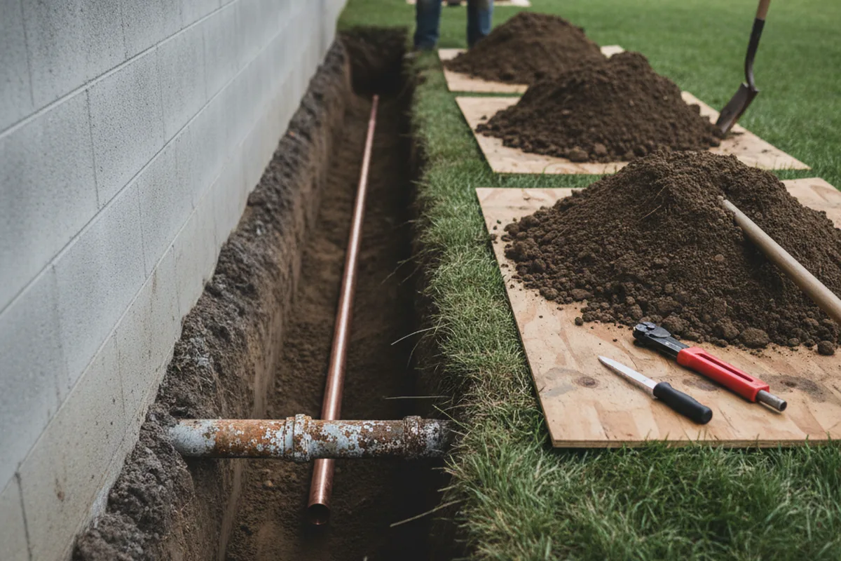 Excavated water line trench during Water Heater Repair in Kinsman